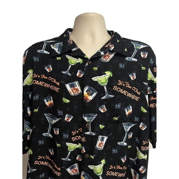 Vintage Big Dogs Men Black Hawaiian Aloha Button Front Shirt XL Pocket Cocktails - Picture 4 of 7